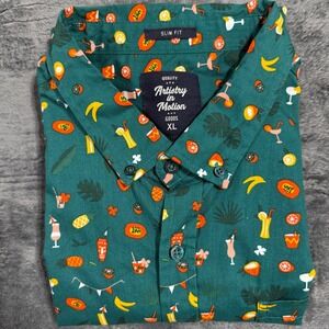 Artistry in Motion Button Down Shirt Mens XL Teal Green Tropical Cocktail Print